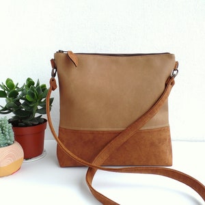 Vegane Leder Crossbody tasche, Leder Messenger Crossbody hantasche, Colorblock Crossbody tasche, Cognac braun tan und Kamel Leder Geldbörse