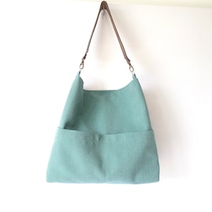 Linen tote bag, Hobo bag purse, Medium bucket bag, Casual shoulder bag, Emerald turquoise summer bag,Pocket bag, Real leather handle