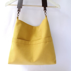 Mustard yellow hobo bag, Linen and cotton hobo purse, Everyday casual simple shoulder bag, Pocket bag, Mustard hobo tote, Real leather strap image 4