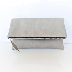 Vegan Leather Foldover Clutch: Light Gray Zipper Purse
