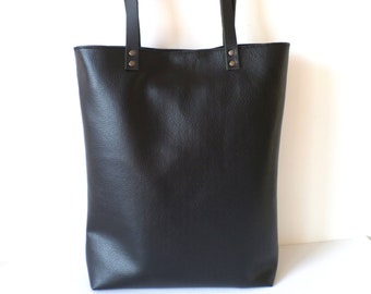 Leather tote bag, Large everyday casual tote bag, Black vegan leather tote shoulder bag with real leather handles, Laptop bag, Work bag