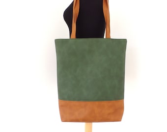 Vegan leather tote bag, Everyday casual shoulder bag, Green and cognac brown faux leather tote bag, Office work laptop bag, Shopper tote bag