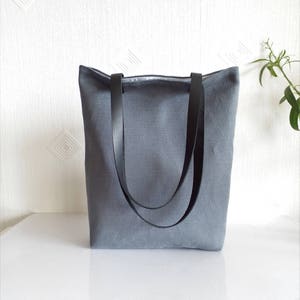 Natural linen tote bag, Charcoal gray natural linen large tote bag with black real leather handles and cotton lining, Offie work bag image 1