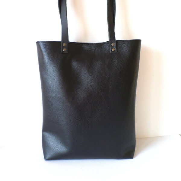 Borsa tote in pelle, grande borsa tote casual per tutti i giorni, borsa a tracolla tote in pelle vegana nera con manici in vera pelle, borsa per laptop, borsa da lavoro