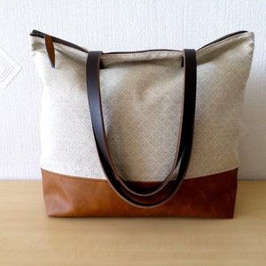 Linen and leather large everyday heavy duty casual tote bag with real leather handles, Geometric print colorblock tote bag, Camel tote bag