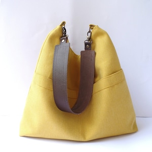 Mustard yellow hobo bag, Linen and cotton hobo purse, Everyday casual simple shoulder bag, Pocket bag, Mustard hobo tote, Real leather strap image 3