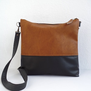 Leather crossbody bag with adjustable leather strap, Vegan leather  messenger crossbody bag purse, Black and tan crossbody bag
