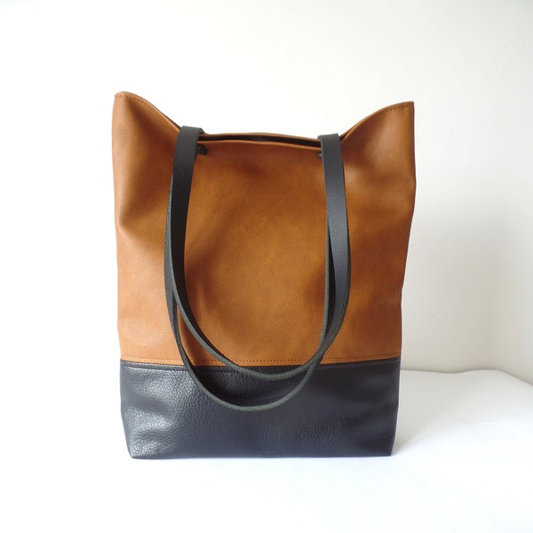 Leather tote bag, Large everyday casual tote bag, Cognac brown and black vegan leather colorblock shoulder bag with real leather handles