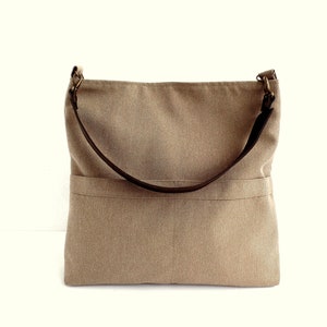 Medium bucket bag, Hobo shoulder bag, Pocket handbag, Taupe beige linen and cotton canvas bag, Simple evryday tote with real leather handle