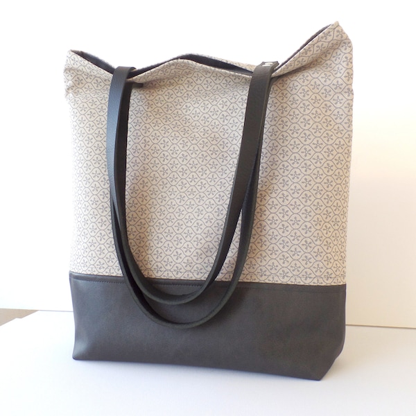 Borsa tote in pelle vegana e cotone con stampa geometrica con manici in vera pelle, Borsa casual grigia per tutti i giorni, Borsa da lavoro per ufficio, Borsa per laptop