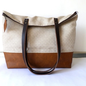 Grand sac fourre-tout décontracté robuste en lin et cuir avec poignées en cuir véritable, sac fourre-tout color block à imprimé géométrique, sac fourre-tout camel