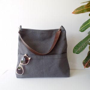 Charcoal gray hobo shoulder bag with real leather handle, Natural linen everyday casual large tote bag, Pocket tote bag