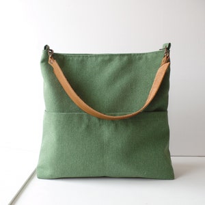 Everyday casual hobo bag purse, Green shoulder bucket bag, Slouchy hobo purse with real leather handle, Pocket tote bag