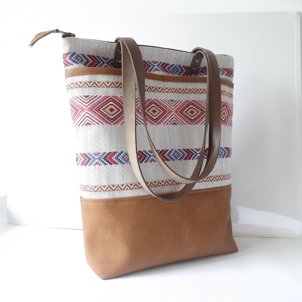 Leather and cotton zippered tote bag with two exterior pockets, Tribal aztec geometric print shoulder tote bag, Office work laptop bag