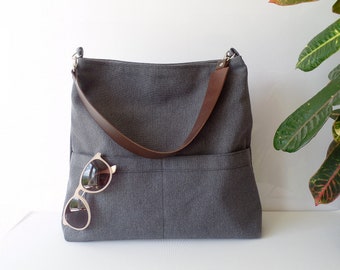 Charcoal gray hobo shoulder bag with real leather handle, Natural linen everyday casual large tote bag, Pocket tote bag