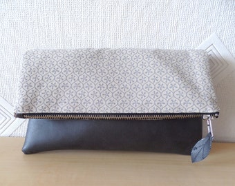 Leather and linen clutch purse, Geometric print clutch, Vegan leather clutch, Colorblock clutch, Gray clutch bag, Zippered clutch bag