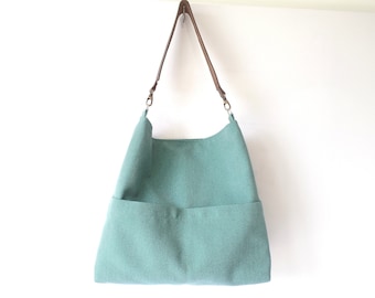 Linen tote bag, Hobo bag purse, Medium bucket bag, Casual shoulder bag, Emerald turquoise summer bag,Pocket bag, Real leather handle