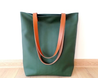 Große lässige Leder-Einkaufstasche für jeden Tag, Dunkelgrüne vegane Leder-Einkaufstasche mit echten Ledergriffen
