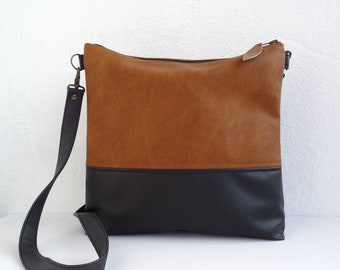 Leather crossbody bag, Vegan faux leather medium sized crossbody bag, Leather colorblock messenger crossbody bag purse, Black and tan bag