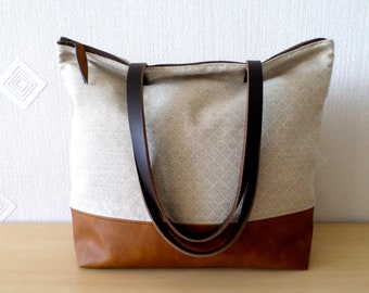 Linen and leather large everyday heavy duty casual tote bag with real leather handles, Geometric print colorblock tote bag, Camel tote bag