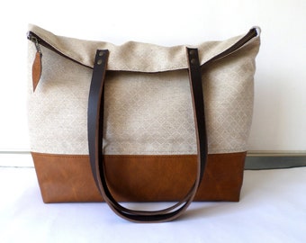 Linen Geometric Print Tote Bag: Vegan Leather Colorblock with Leather Handles