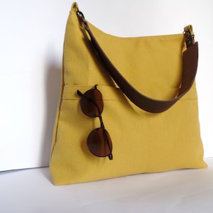 Mustard yellow hobo bag, Linen and cotton hobo purse, Everyday casual simple shoulder bag, Pocket bag, Mustard hobo tote, Real leather strap image 1
