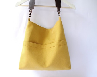 Bolso hobo de lino amarillo mostaza: correa de cuero, bolso de mano de bolsillo