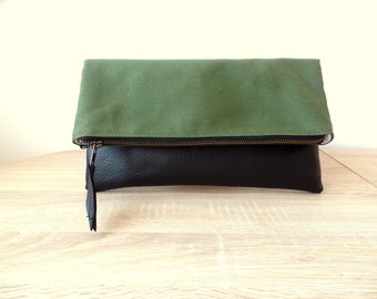 Leather and linen clutch, Olive green clutch purse, Fold over clutch bag, Casual clutch purse, Zippered clutch, Everyday clutch bag