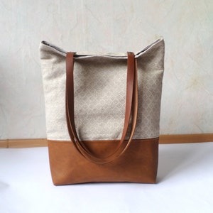 Leather and linen tote bag, Geometric print tote bag, Large tote with real leather handles