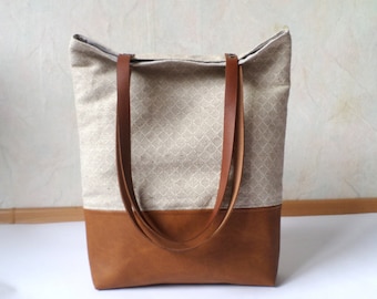 Leather and linen tote bag, Geometric print tote bag, Large tote with real leather handles