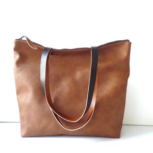 Cognac Brown Vegan Leather Tote Bag: Oversized Carryall with Zipper image 1