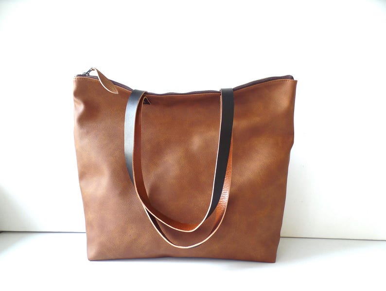 Cognac Brown Vegan Leather Tote Bag: Oversized Carryall with Zipper image 1