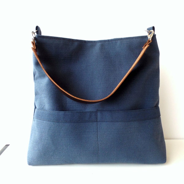 Borsa tote hobo, borsa hobo in cotone blu petrolio con manico in vera pelle, borsa a secchiello con tasche esterne