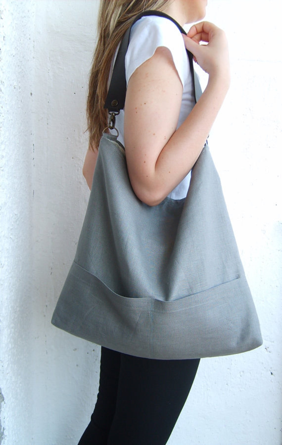 Charcoal Gray Hobo Shoulder Bag With Real Leather Handle Etsy