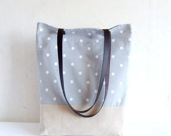 Polka dot tote, polka dot bag, grey tote bag, linen tote, canvas bag, leather straps, leather handles, Bridesmaid Bag, Bridesmaid Gift