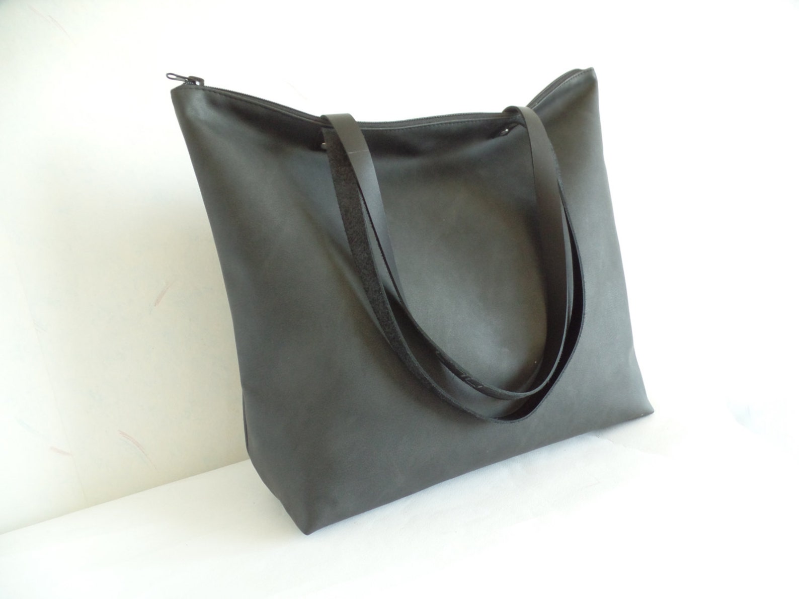 Large Vegan Leather Zipper Tote Bag Black Leather Tote Real Etsy