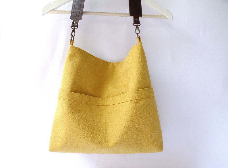 Mustard yellow hobo bag, Linen and cotton hobo purse, Everyday casual simple shoulder bag, Pocket bag, Mustard hobo tote, Real leather strap image 4