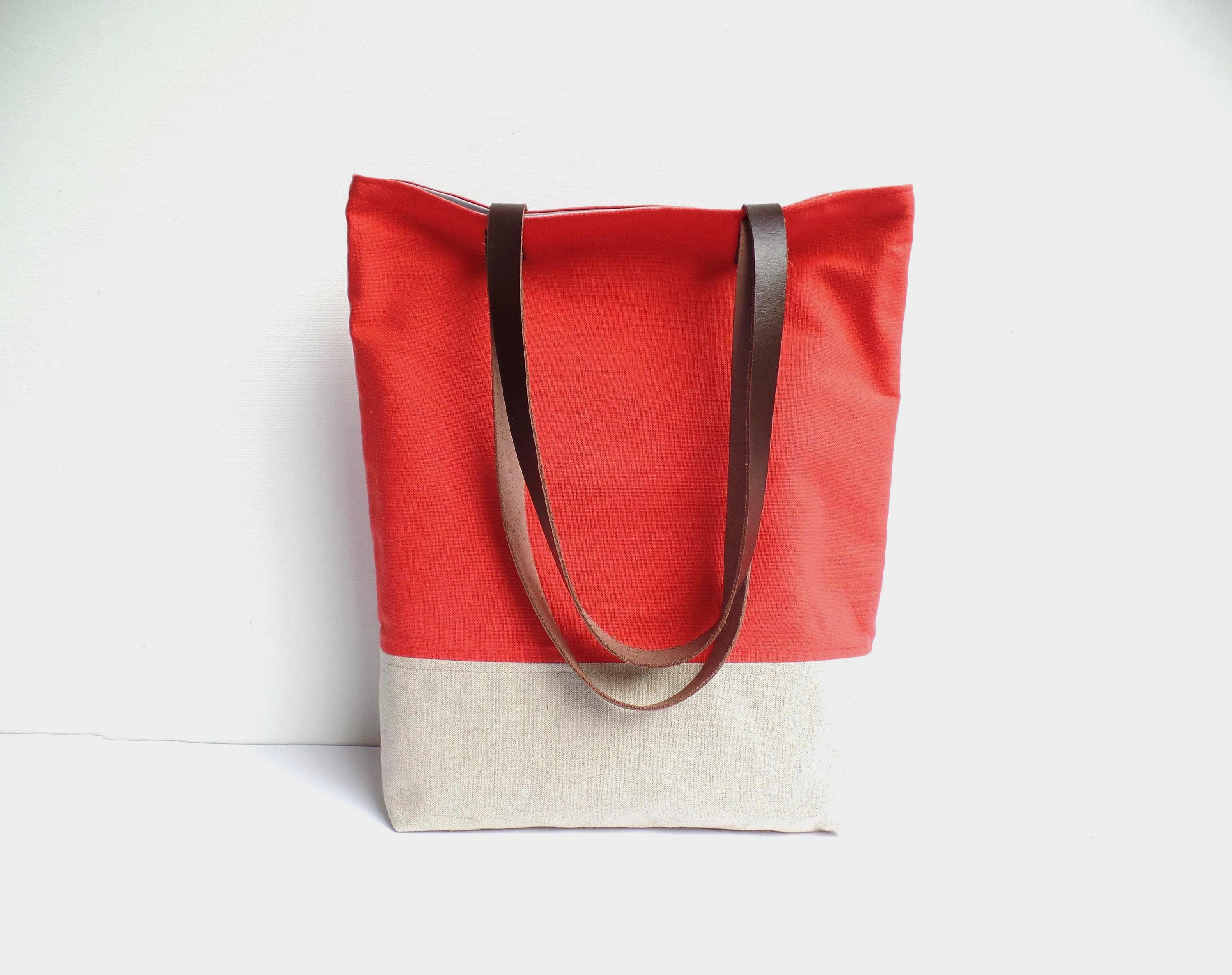 Coral Linen Tote Bag: Color Block Shopper with Leather Handles