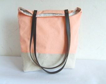 Peach tote, salmon pink bag, leather straps, colorblock tote bag,Bridesmaid bag purse, Bridesmaid gift bag, coral pink purse, canvas tote,