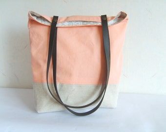 Peach Colorblock Tote Bag: Linen & Cotton with Leather Straps