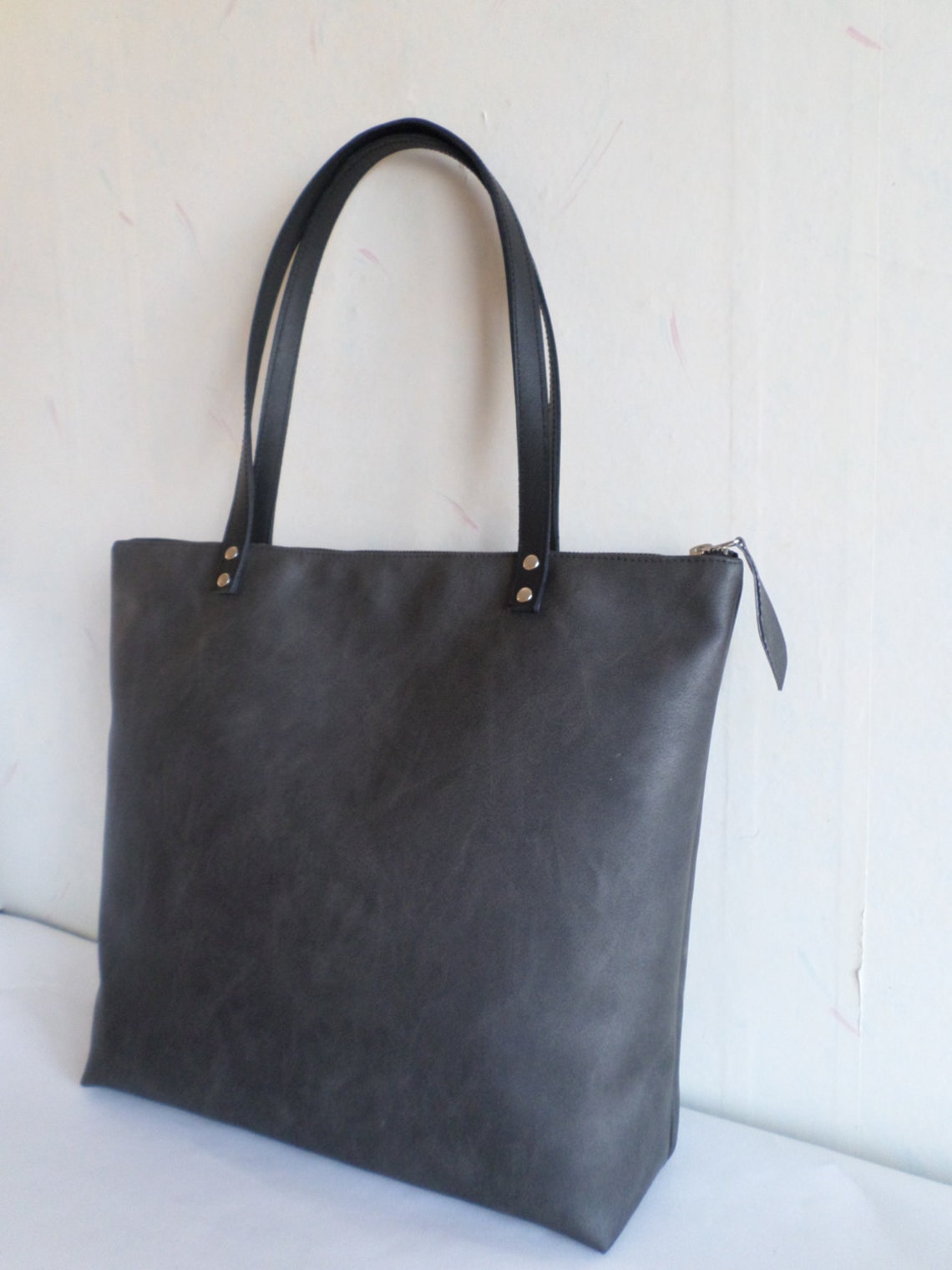 Large Vegan Leather Zipper Tote Bag Dark Gray Leather Tote Etsy
