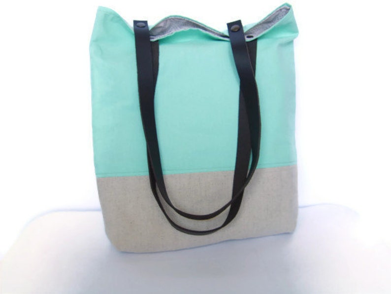 Mint Tote With Leather Straps Summer Mint Green Bag Etsy