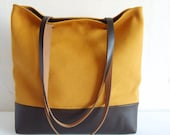 Mustard Yellow Canvas Tote Bag: Real Leather Bottom & Handles