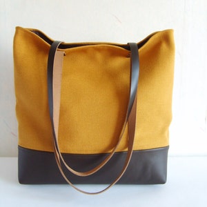 Leather and Canvas Tote Bag Real Leather Bag Mustard Yellow - Etsy