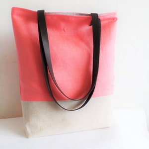 Bolso tote rosa coral, bolso tote rosa salmón, tote de lino y algodón, bolso Summer Beach, asas de cuero, bolso tote regalo damas de honor, bolso coral