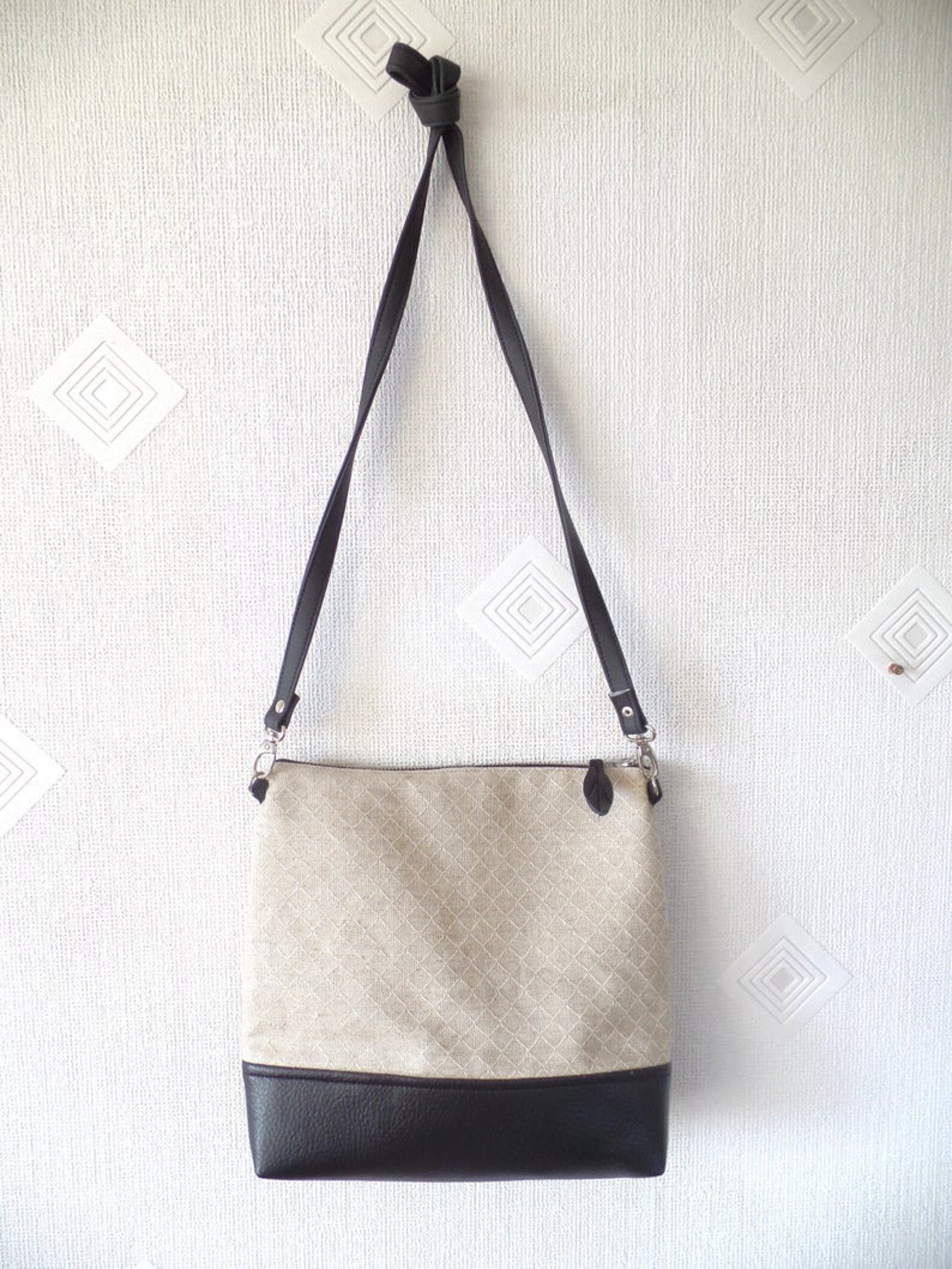 Crossbody Leather Bag Linen Cross Body Bag Geometric Print - Etsy