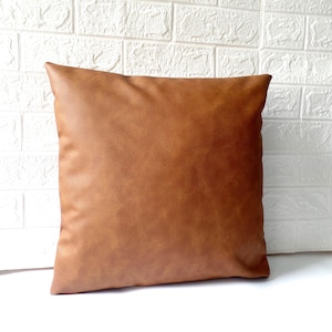 Honey brown vegan leather pillow cover, Brown home decoration, Faux leather pillow cover, Zippered pillow case
