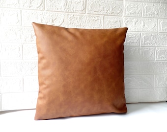 Cognac Brown Vegan Leather Pillow Cover: Zippered Home Decor