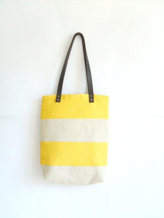 Yellow linen colorblock stripped tote bag with real leather | Etsy