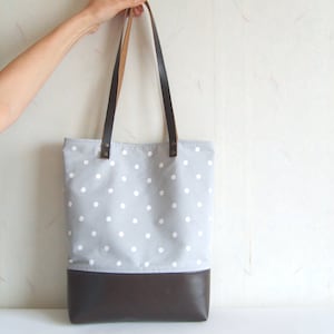 Polka dot tote bag, leather and canvas tote, grey tote bag, real leather handles, real leather strap image 3